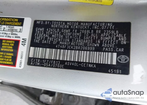 2011 Toyota Camry Le z USA, uszkodzony, nr VIN 4T4BF3EK2BR206999